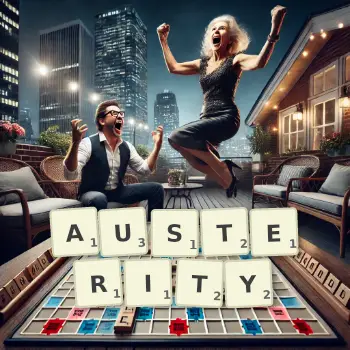 Creative illustration for a Scrabble game with the word AUSTERITY spelled out in tiles on the board.