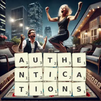 Creative illustration for a Scrabble game with the word AUTHENTICATIONS spelled out in tiles on the board.