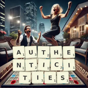 Creative illustration for a Scrabble game with the word AUTHENTICITIES spelled out in tiles on the board.