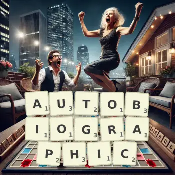 Creative illustration for a Scrabble game with the word AUTOBIOGRAPHIC spelled out in tiles on the board.