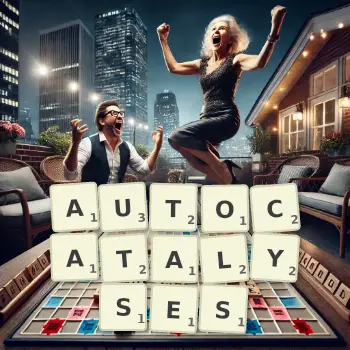 Creative illustration for a Scrabble game with the word AUTOCATALYSES spelled out in tiles on the board.