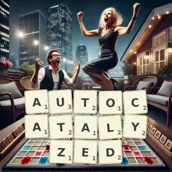 Creative illustration for a Scrabble game with the word AUTOCATALYZED spelled out in tiles on the board.