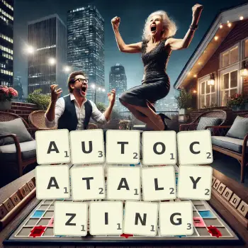 Creative illustration for a Scrabble game with the word AUTOCATALYZING spelled out in tiles on the board.
