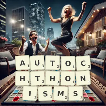Creative illustration for a Scrabble game with the word AUTOCHTHONISMS spelled out in tiles on the board.