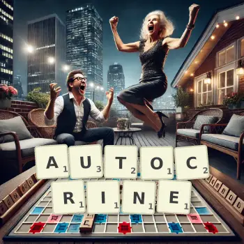 Creative illustration for a Scrabble game with the word AUTOCRINE spelled out in tiles on the board.