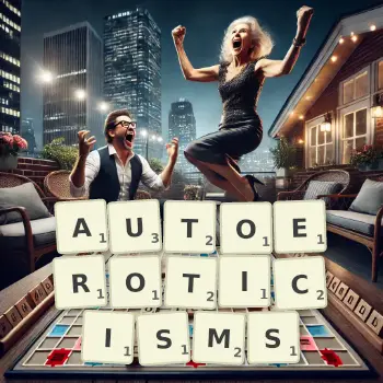 Creative illustration for a Scrabble game with the word AUTOEROTICISMS spelled out in tiles on the board.