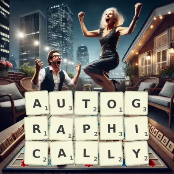 Creative illustration for a Scrabble game with the word AUTOGRAPHICALLY spelled out in tiles on the board.