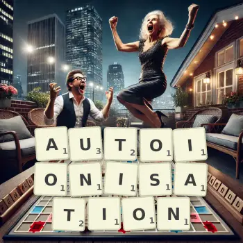 Creative illustration for a Scrabble game with the word AUTOIONISATION spelled out in tiles on the board.