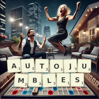 Creative illustration for a Scrabble game with the word AUTOJUMBLES spelled out in tiles on the board.
