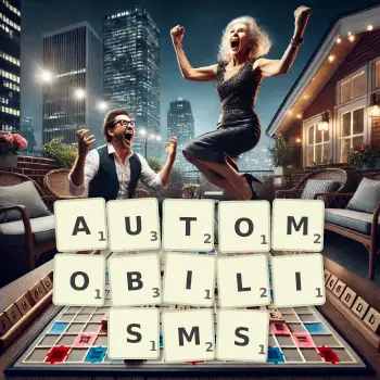 Creative illustration for a Scrabble game with the word AUTOMOBILISMS spelled out in tiles on the board.