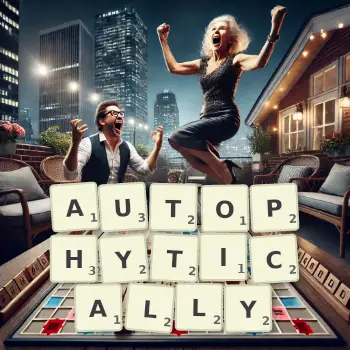 Creative illustration for a Scrabble game with the word AUTOPHYTICALLY spelled out in tiles on the board.