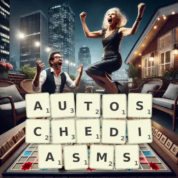 Creative illustration for a Scrabble game with the word AUTOSCHEDIASMS spelled out in tiles on the board.