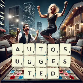 Creative illustration for a Scrabble game with the word AUTOSUGGESTED spelled out in tiles on the board.