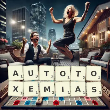 Creative illustration for a Scrabble game with the word AUTOTOXEMIAS spelled out in tiles on the board.