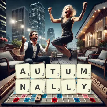 Creative illustration for a Scrabble game with the word AUTUMNALLY spelled out in tiles on the board.