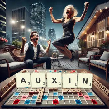 Creative illustration for a Scrabble game with the word AUXIN spelled out in tiles on the board.