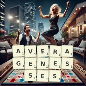Creative illustration for a Scrabble game with the word AVERAGENESSES spelled out in tiles on the board.
