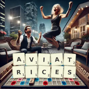 Creative illustration for a Scrabble game with the word AVIATRICES spelled out in tiles on the board.