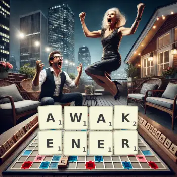 Creative illustration for a Scrabble game with the word AWAKENER spelled out in tiles on the board.