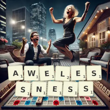 Creative illustration for a Scrabble game with the word AWELESSNESS spelled out in tiles on the board.