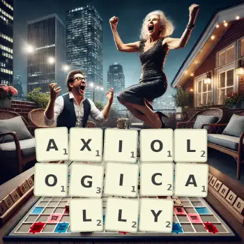 Creative illustration for a Scrabble game with the word AXIOLOGICALLY spelled out in tiles on the board.