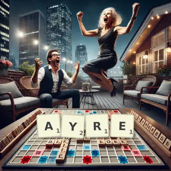 Creative illustration for a Scrabble game with the word AYRE spelled out in tiles on the board.