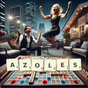 Creative illustration for a Scrabble game with the word AZOLES spelled out in tiles on the board.