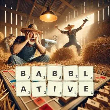 Creative illustration for a Scrabble game with the word BABBLATIVE spelled out in tiles on the board.