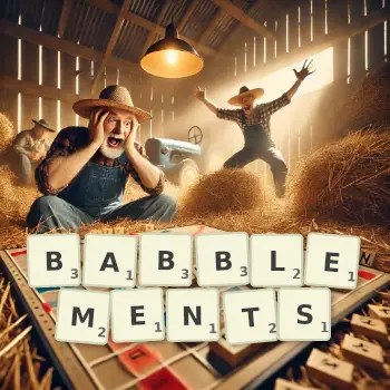 Creative illustration for a Scrabble game with the word BABBLEMENTS spelled out in tiles on the board.