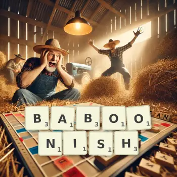 Creative illustration for a Scrabble game with the word BABOONISH spelled out in tiles on the board.