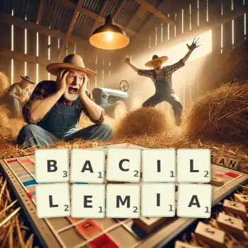 Creative illustration for a Scrabble game with the word BACILLEMIA spelled out in tiles on the board.