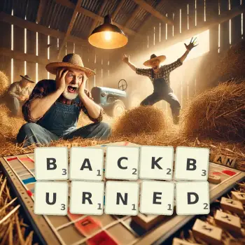 Creative illustration for a Scrabble game with the word BACKBURNED spelled out in tiles on the board.