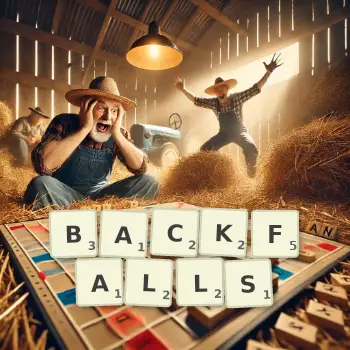 Creative illustration for a Scrabble game with the word BACKFALLS spelled out in tiles on the board.