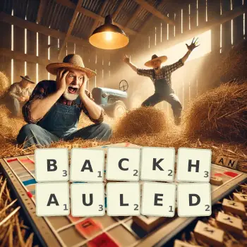 Creative illustration for a Scrabble game with the word BACKHAULED spelled out in tiles on the board.