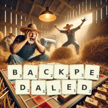Creative illustration for a Scrabble game with the word BACKPEDALED spelled out in tiles on the board.