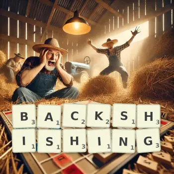 Creative illustration for a Scrabble game with the word BACKSHISHING spelled out in tiles on the board.