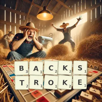 Creative illustration for a Scrabble game with the word BACKSTROKE spelled out in tiles on the board.