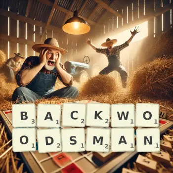 Creative illustration for a Scrabble game with the word BACKWOODSMAN spelled out in tiles on the board.