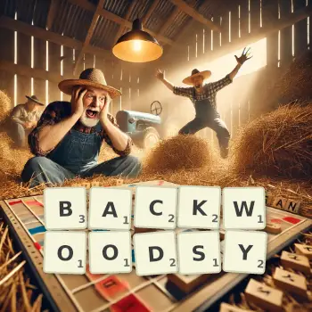 Creative illustration for a Scrabble game with the word BACKWOODSY spelled out in tiles on the board.