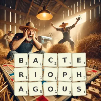 Creative illustration for a Scrabble game with the word BACTERIOPHAGOUS spelled out in tiles on the board.