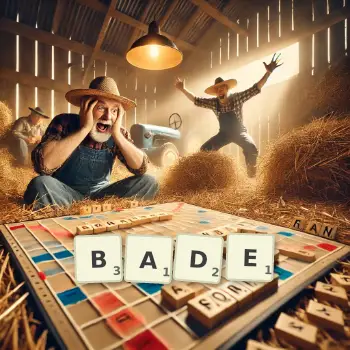 Creative illustration for a Scrabble game with the word BADE spelled out in tiles on the board.