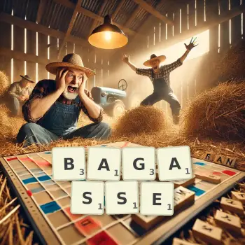 Creative illustration for a Scrabble game with the word BAGASSE spelled out in tiles on the board.
