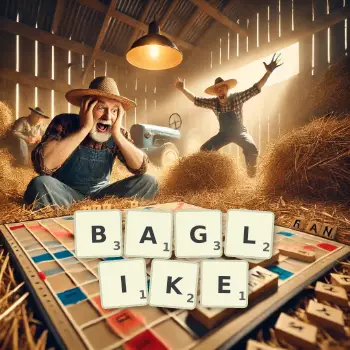 Creative illustration for a Scrabble game with the word BAGLIKE spelled out in tiles on the board.