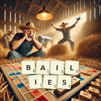 Creative illustration for a Scrabble game with the word BAILIES spelled out in tiles on the board.