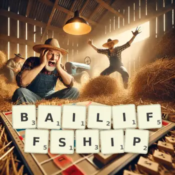 Creative illustration for a Scrabble game with the word BAILIFFSHIP spelled out in tiles on the board.