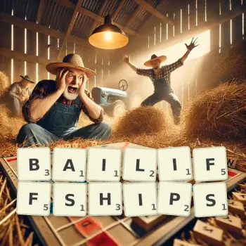 Creative illustration for a Scrabble game with the word BAILIFFSHIPS spelled out in tiles on the board.