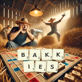 Creative illustration for a Scrabble game with the word BAKKIES spelled out in tiles on the board.