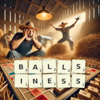 Creative illustration for a Scrabble game with the word BALLSINESS spelled out in tiles on the board.