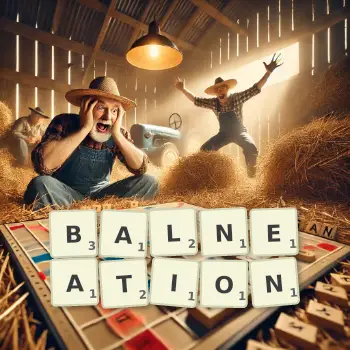 Creative illustration for a Scrabble game with the word BALNEATION spelled out in tiles on the board.