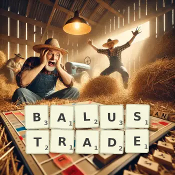 Creative illustration for a Scrabble game with the word BALUSTRADE spelled out in tiles on the board.